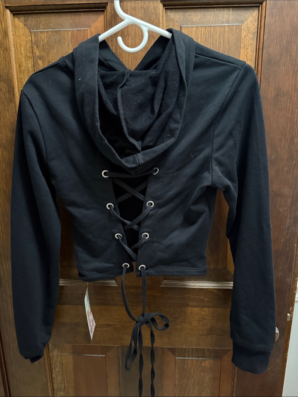 Black Lace-Up Back Hoodie Crop Top - Women